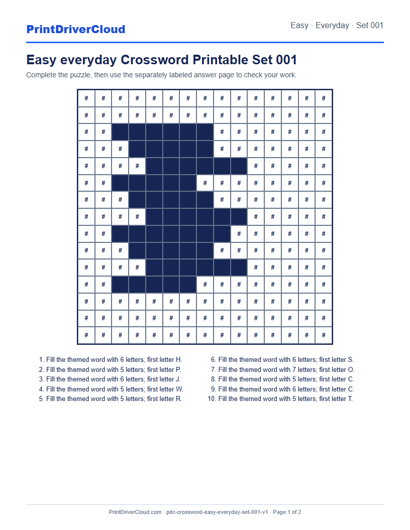 Preview of Easy everyday Crossword Printable Set 001