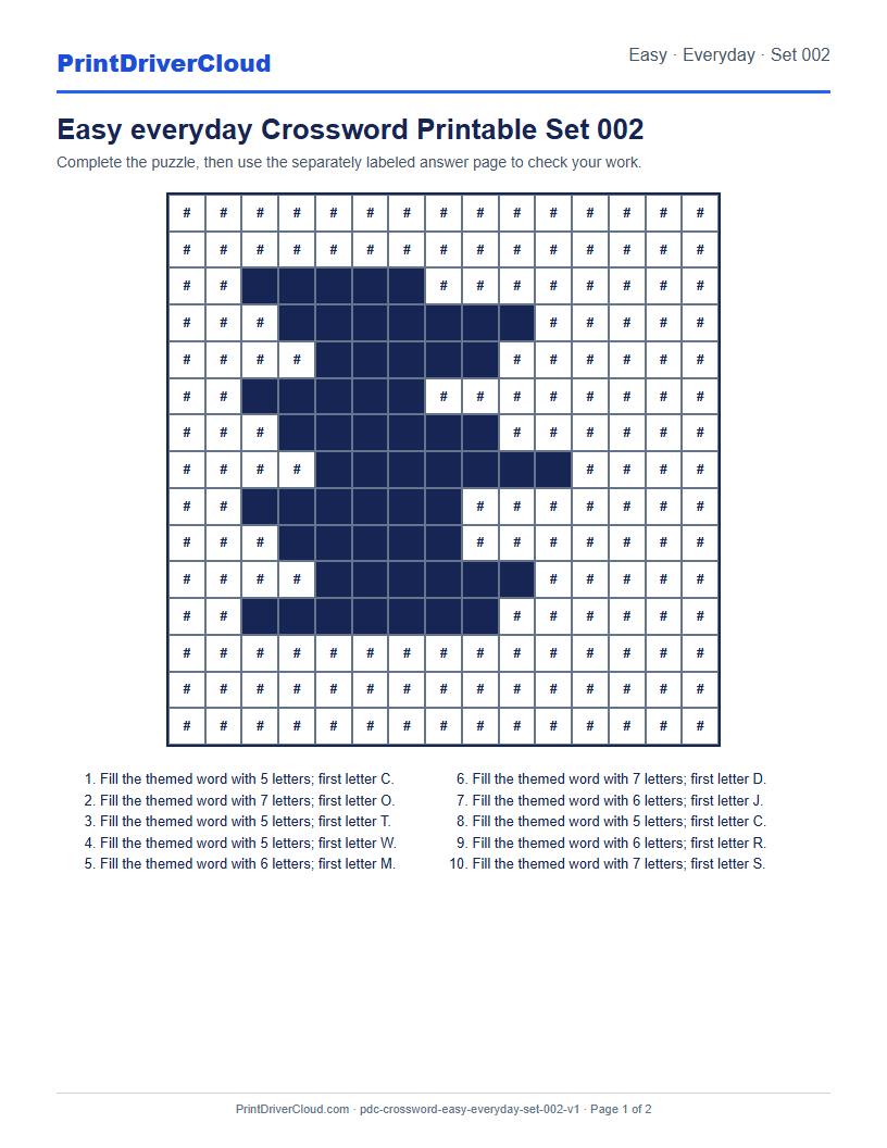 Preview of Easy everyday Crossword Printable Set 002