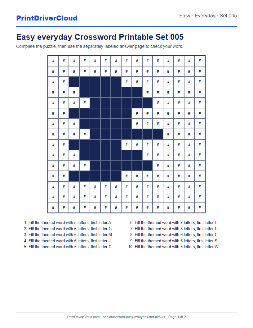 Preview of Easy everyday Crossword Printable Set 005