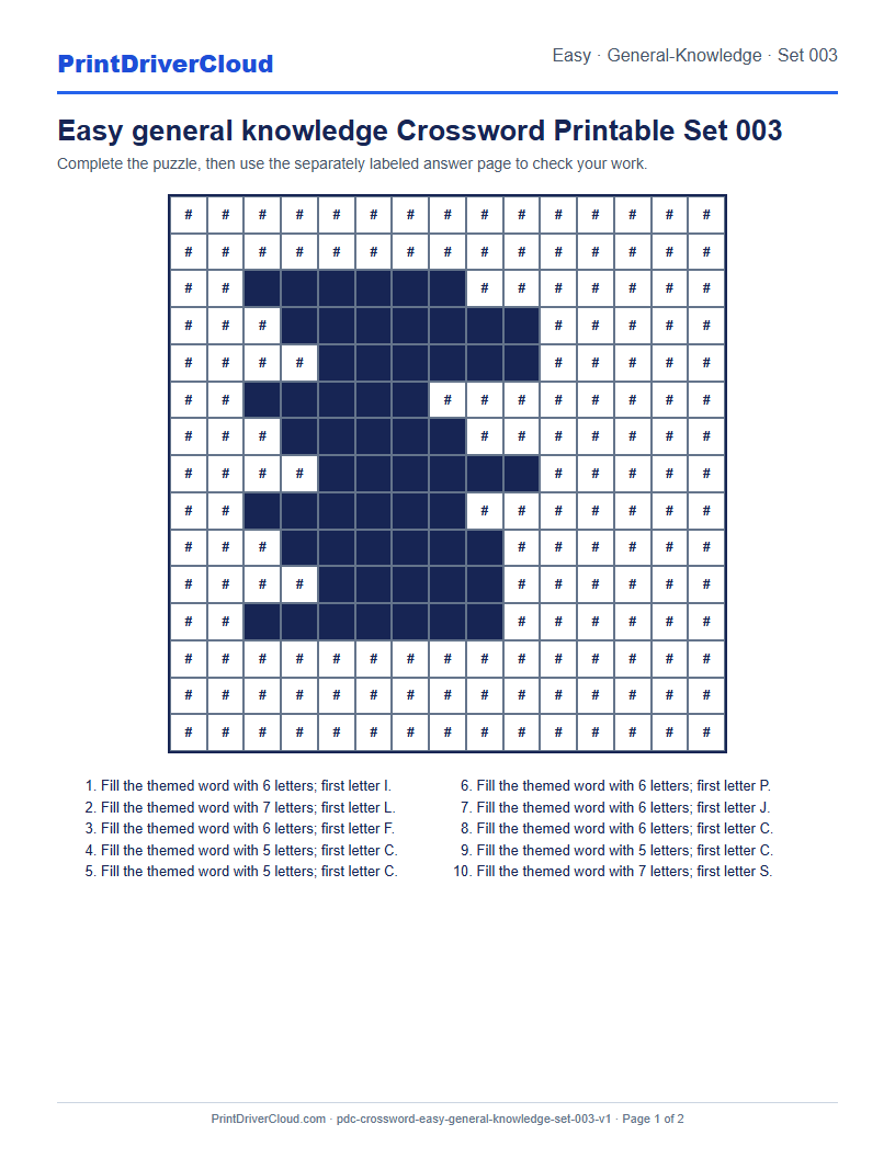Preview of Easy general knowledge Crossword Printable Set 003