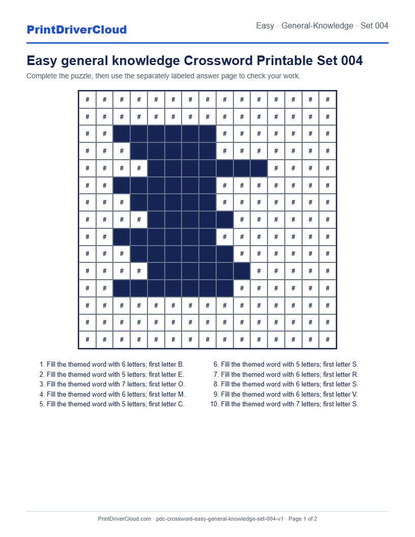 Preview of Easy general knowledge Crossword Printable Set 004