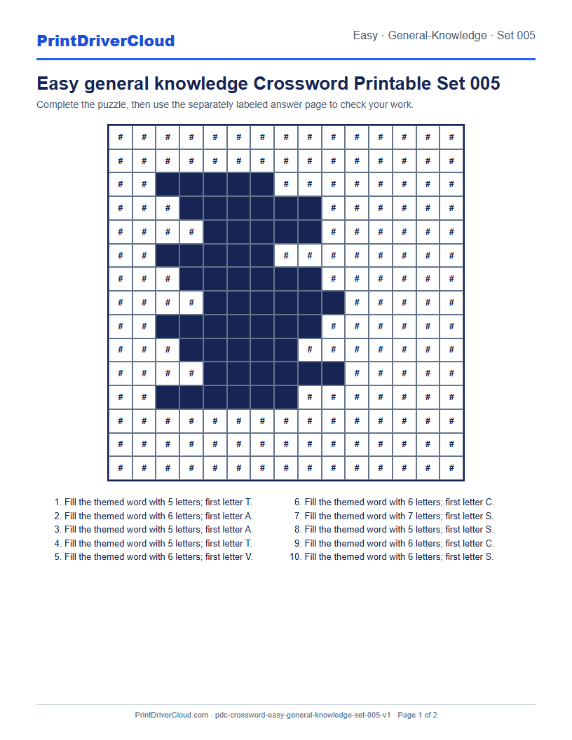 Preview of Easy general knowledge Crossword Printable Set 005
