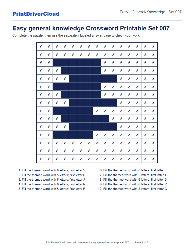 Preview of Easy general knowledge Crossword Printable Set 007