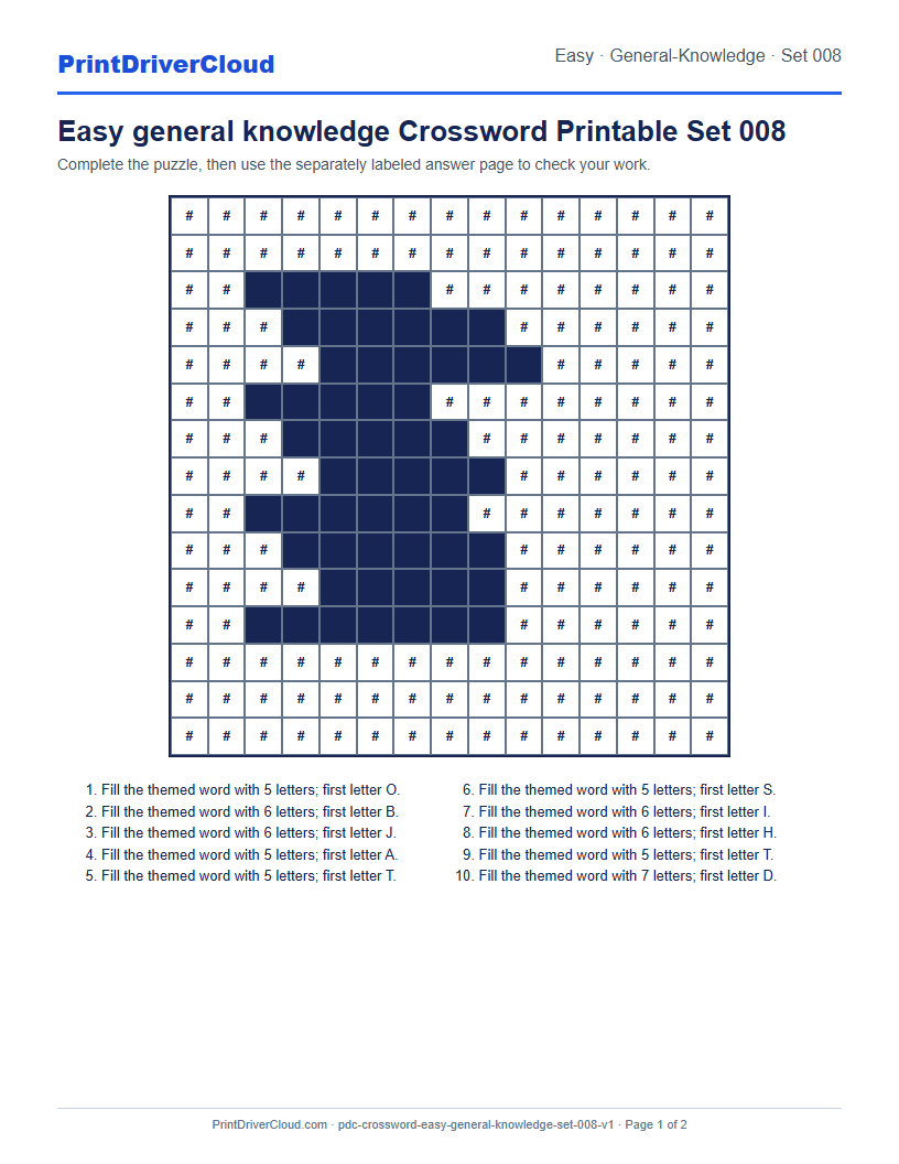 Preview of Easy general knowledge Crossword Printable Set 008