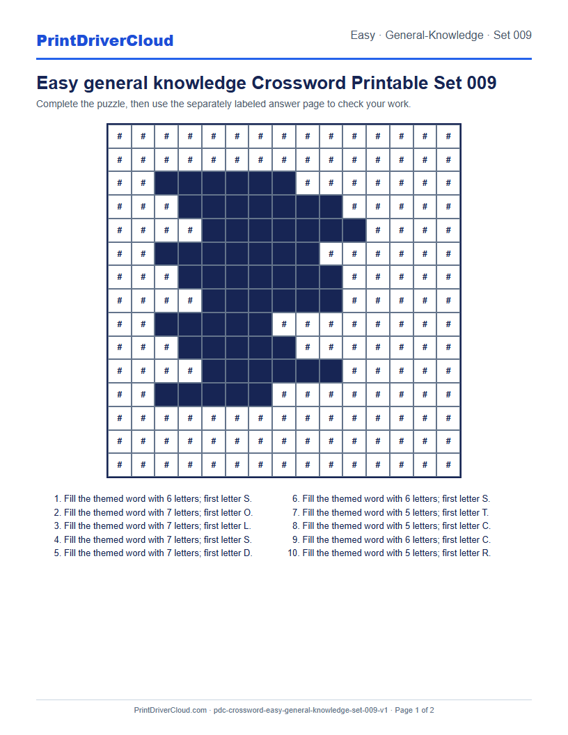 Preview of Easy general knowledge Crossword Printable Set 009