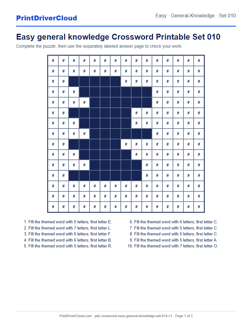 Preview of Easy general knowledge Crossword Printable Set 010