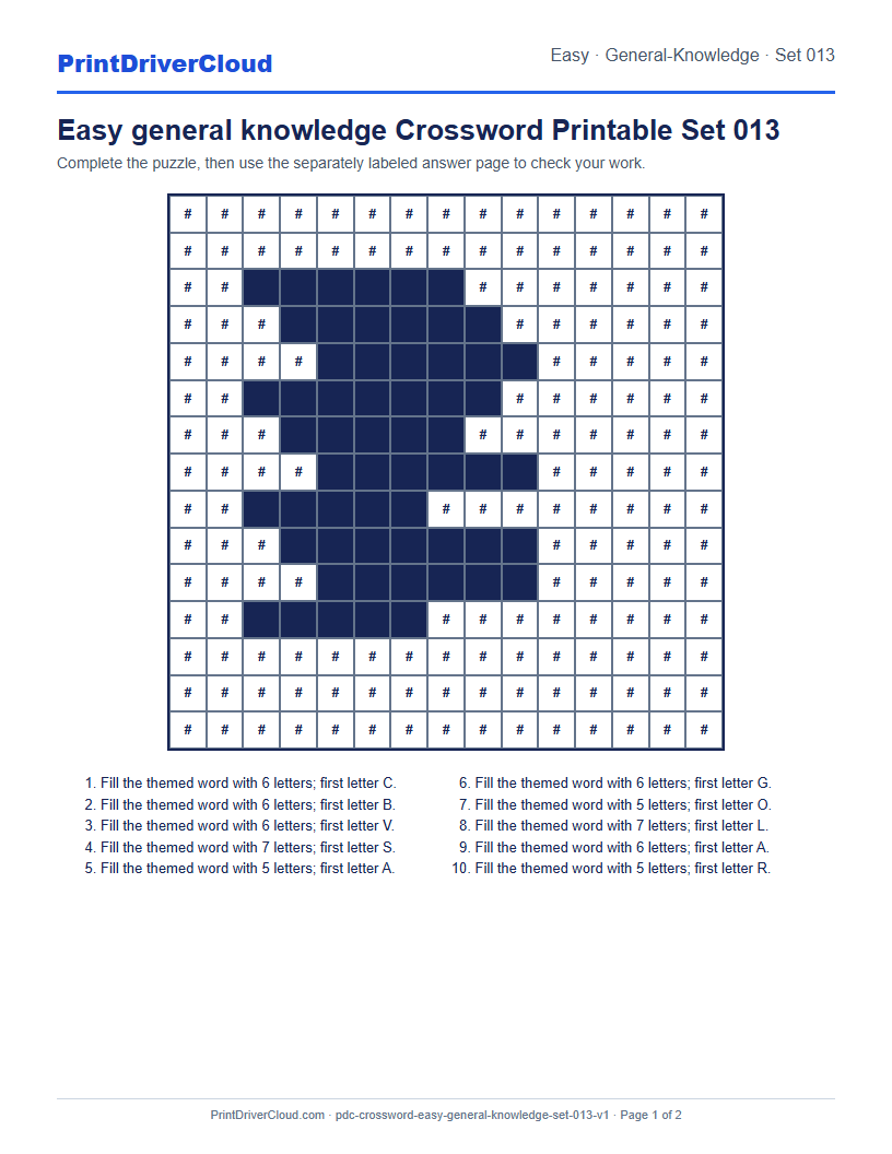 Preview of Easy general knowledge Crossword Printable Set 013