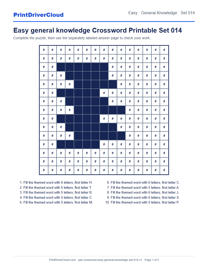 Preview of Easy general knowledge Crossword Printable Set 014