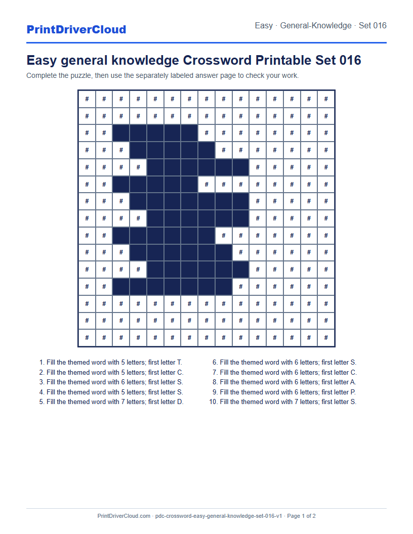 Preview of Easy general knowledge Crossword Printable Set 016