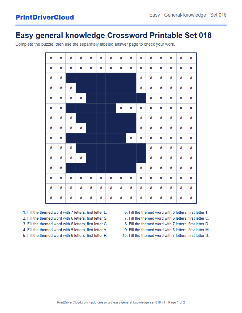 Preview of Easy general knowledge Crossword Printable Set 018