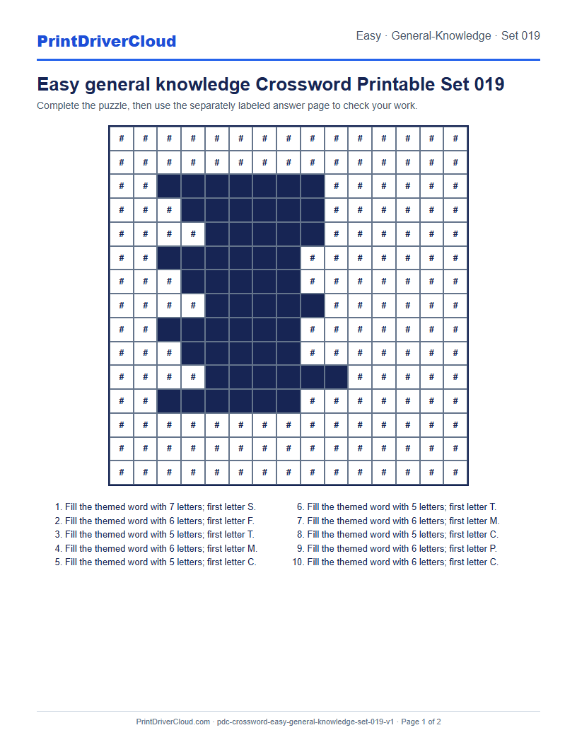 Preview of Easy general knowledge Crossword Printable Set 019