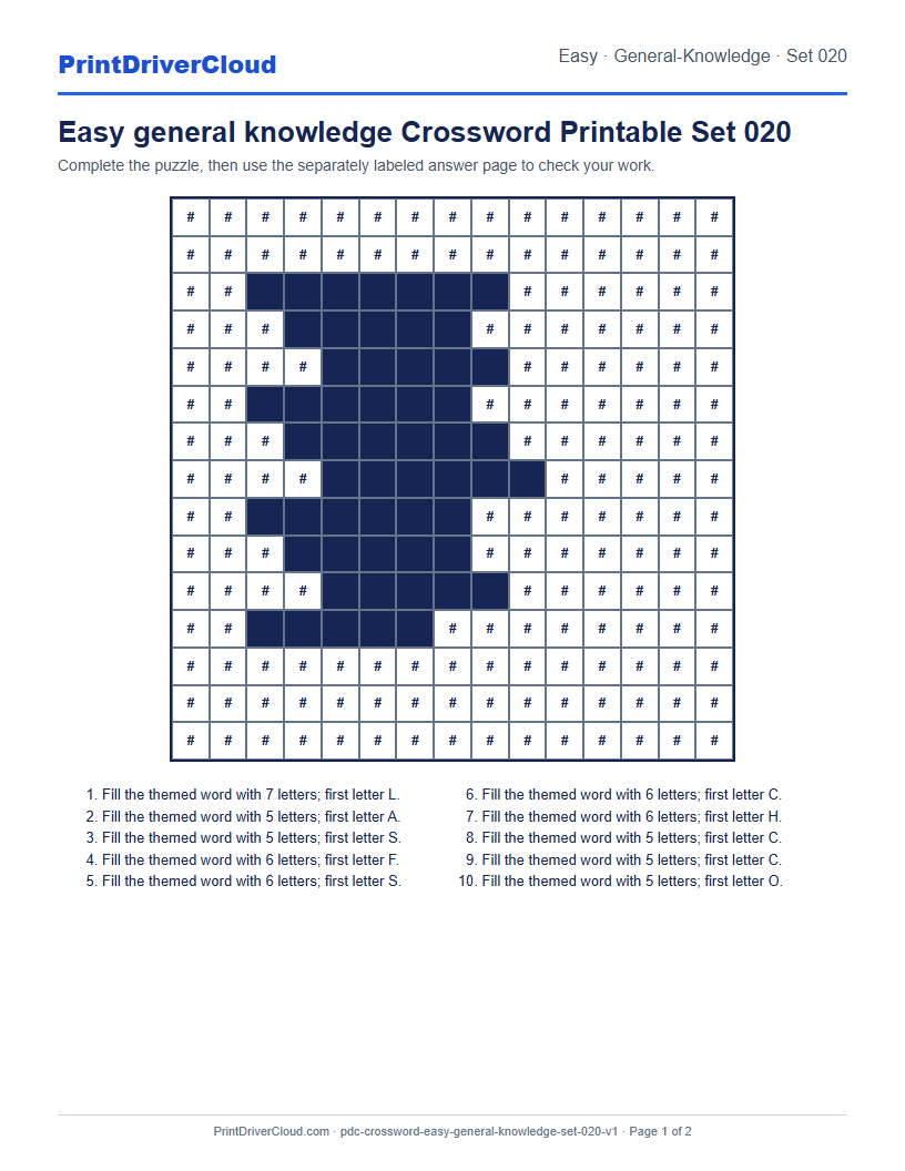 Preview of Easy general knowledge Crossword Printable Set 020