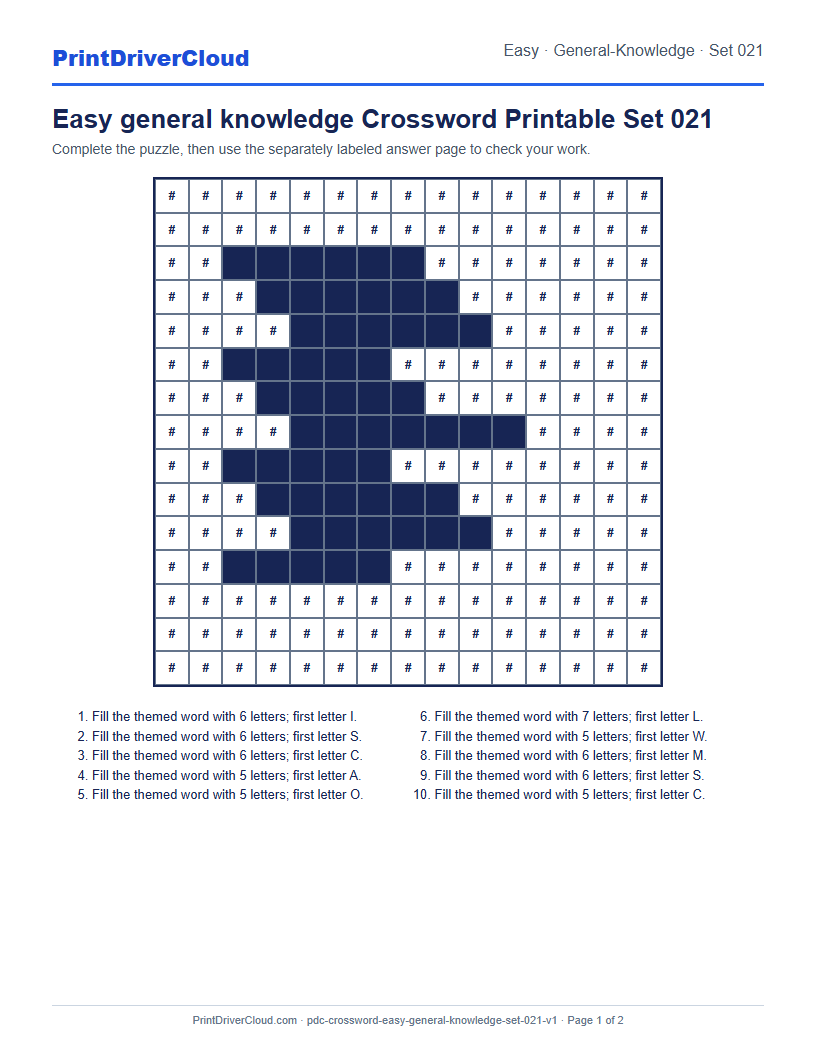 Preview of Easy general knowledge Crossword Printable Set 021
