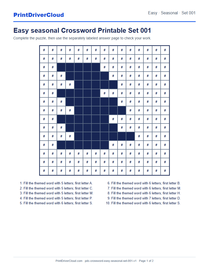 Preview of Easy seasonal Crossword Printable Set 001