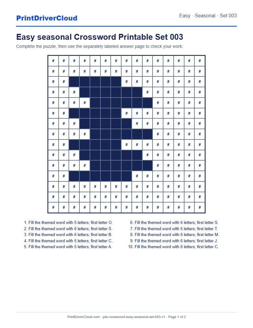 Preview of Easy seasonal Crossword Printable Set 003
