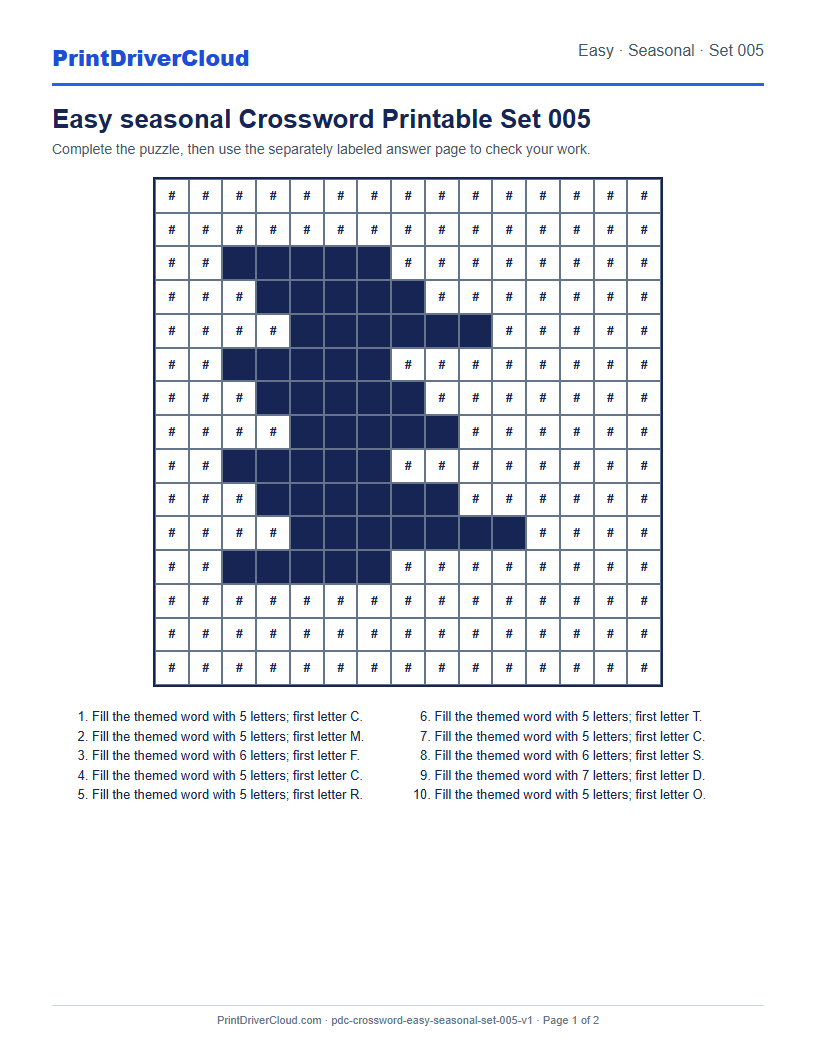 Preview of Easy seasonal Crossword Printable Set 005
