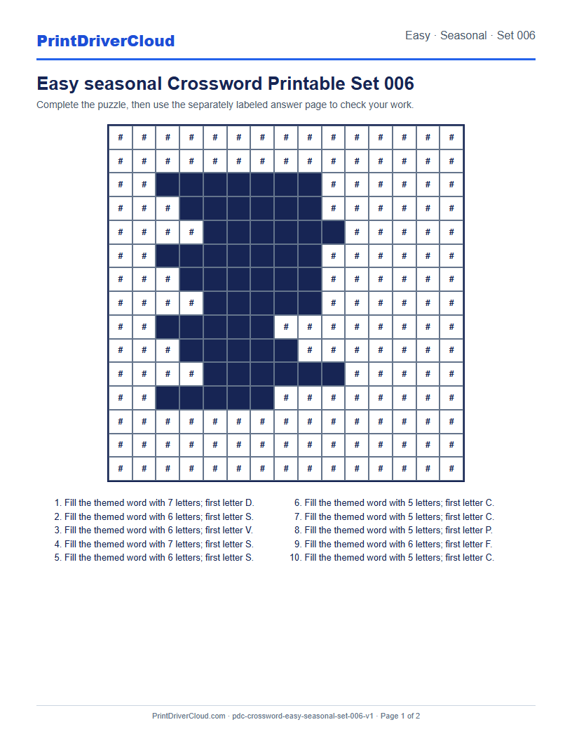 Preview of Easy seasonal Crossword Printable Set 006