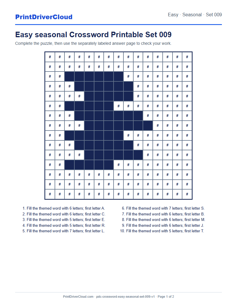 Preview of Easy seasonal Crossword Printable Set 009