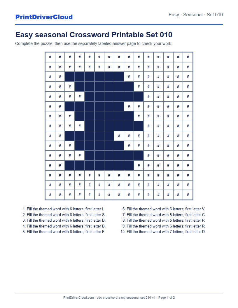 Preview of Easy seasonal Crossword Printable Set 010