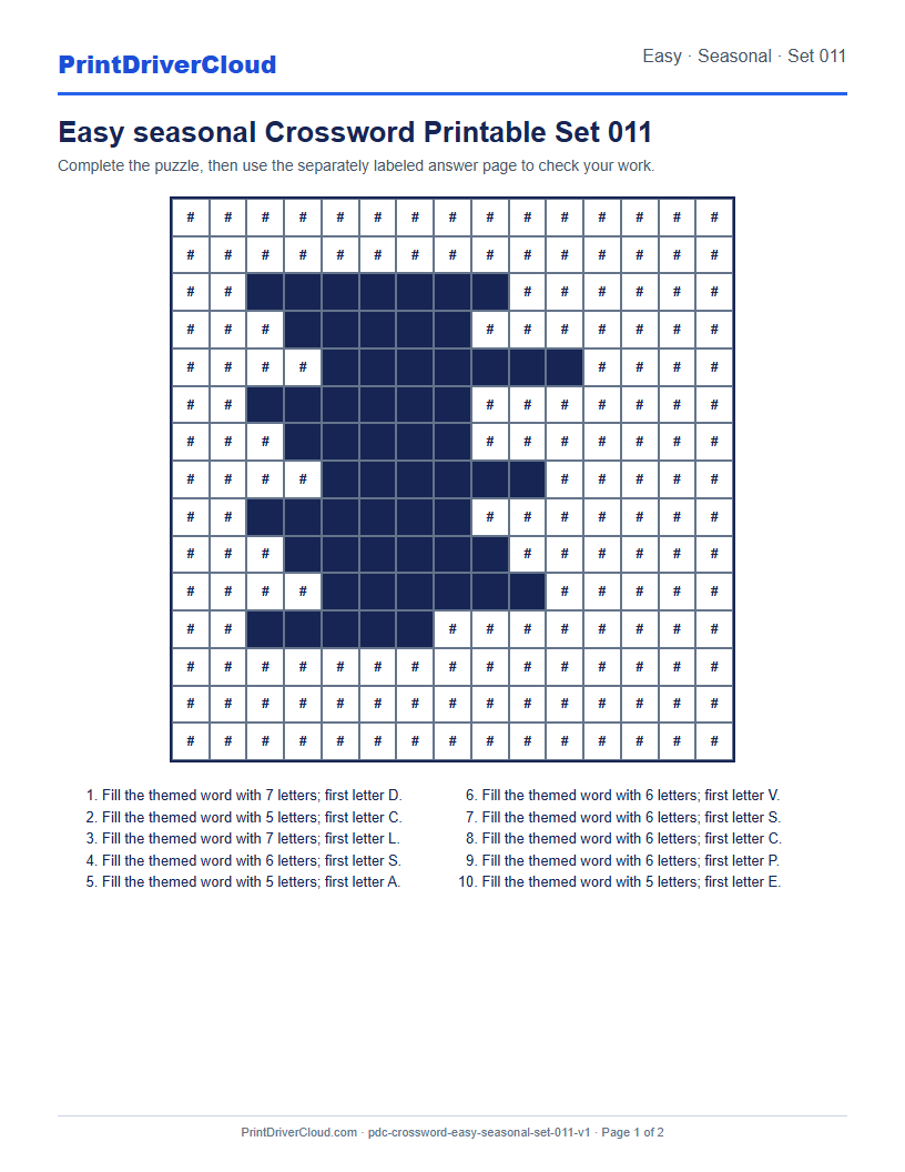 Preview of Easy seasonal Crossword Printable Set 011