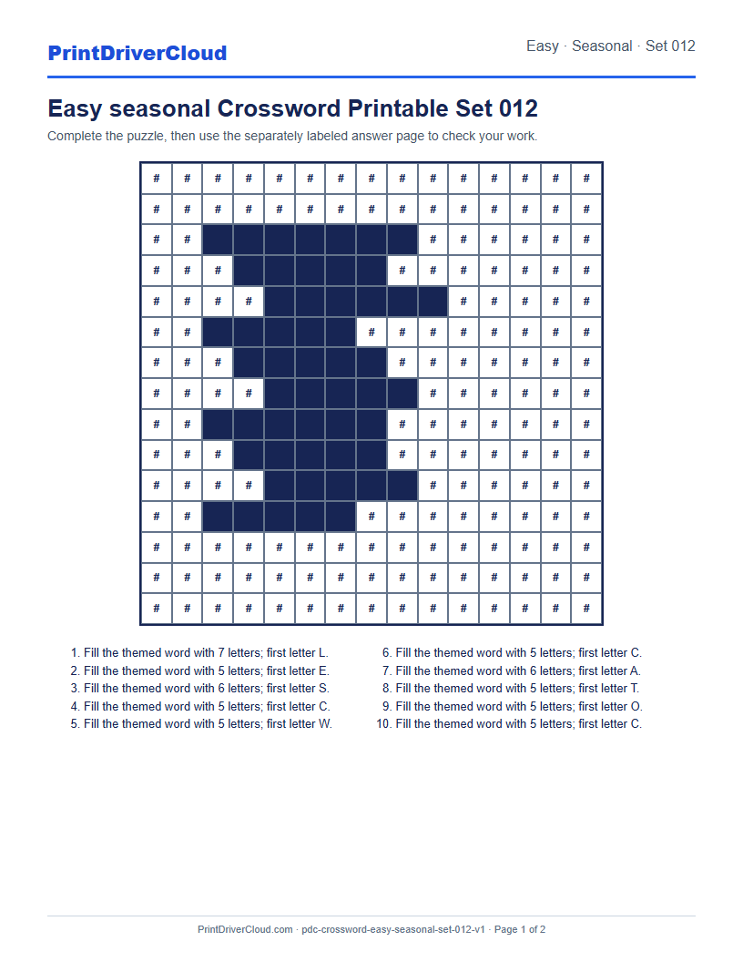 Preview of Easy seasonal Crossword Printable Set 012