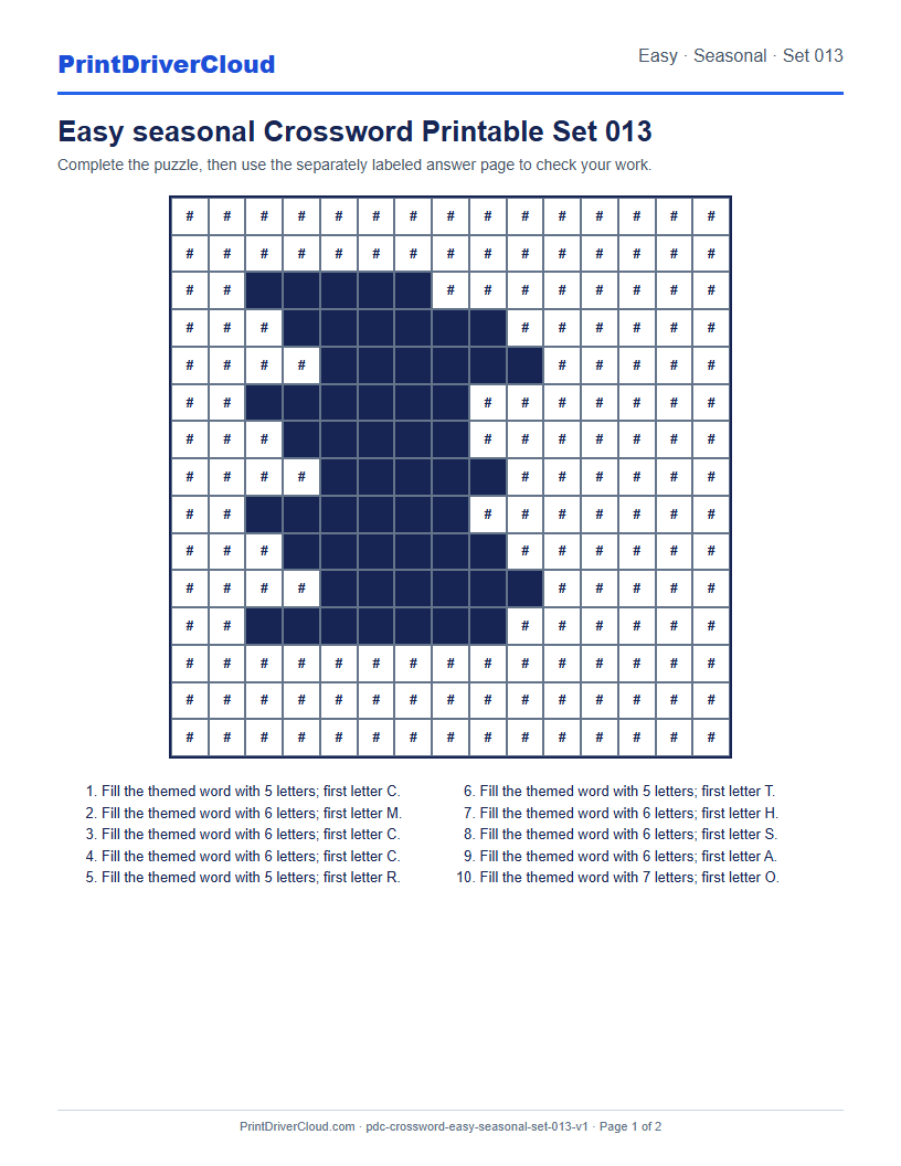 Preview of Easy seasonal Crossword Printable Set 013
