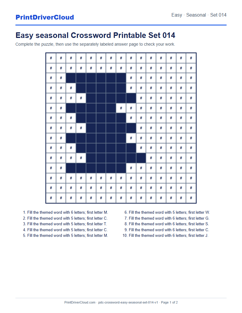 Preview of Easy seasonal Crossword Printable Set 014