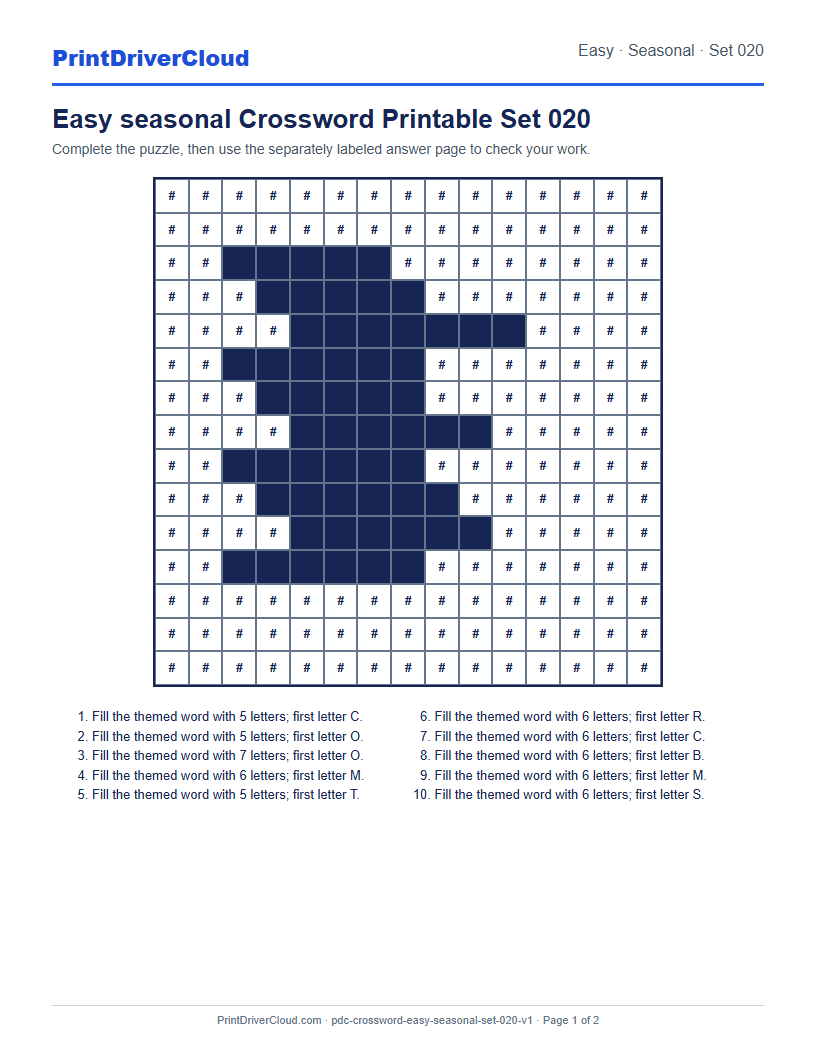 Preview of Easy seasonal Crossword Printable Set 020
