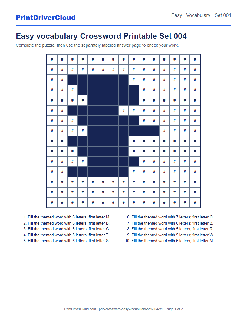 Preview of Easy vocabulary Crossword Printable Set 004