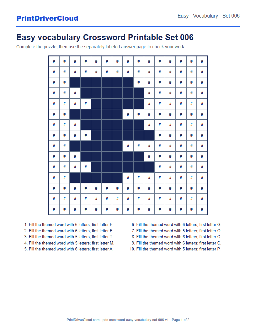 Preview of Easy vocabulary Crossword Printable Set 006