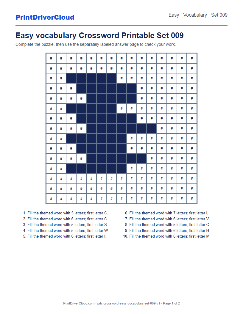Preview of Easy vocabulary Crossword Printable Set 009