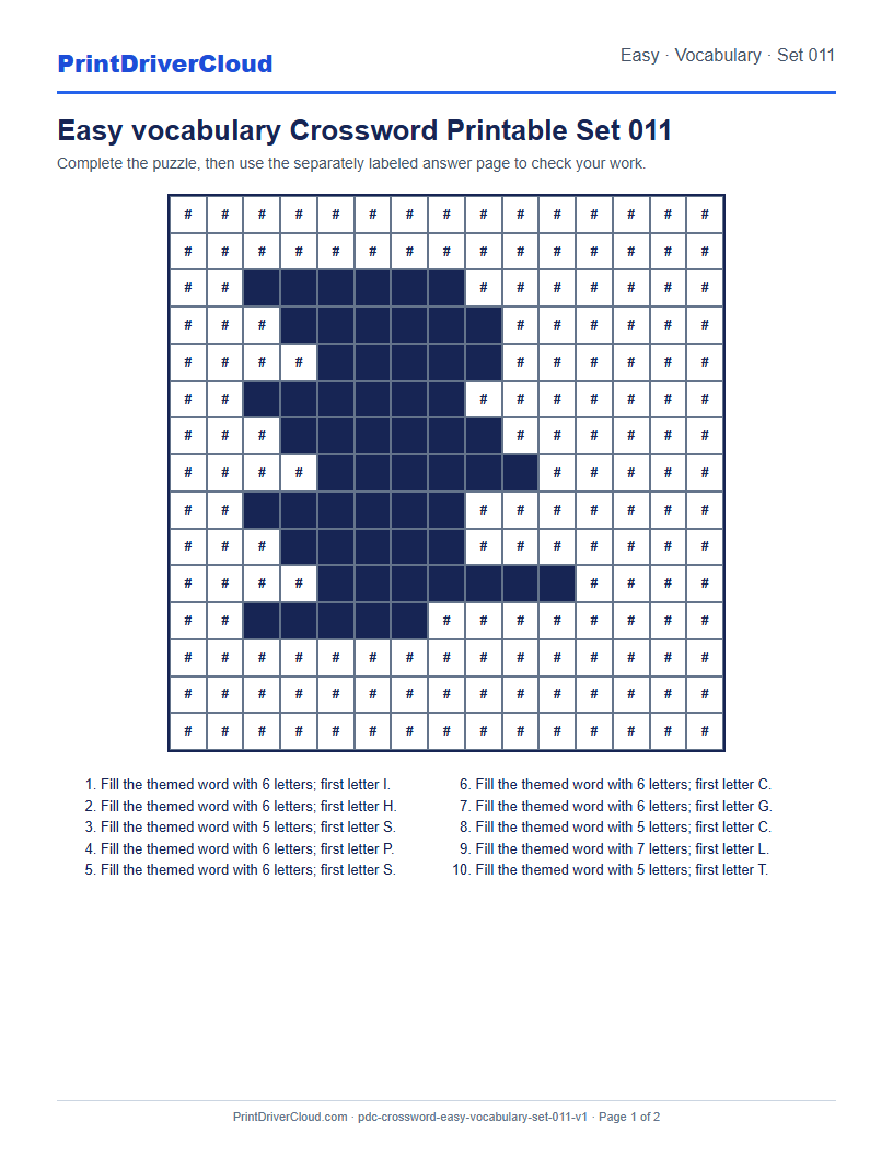 Preview of Easy vocabulary Crossword Printable Set 011