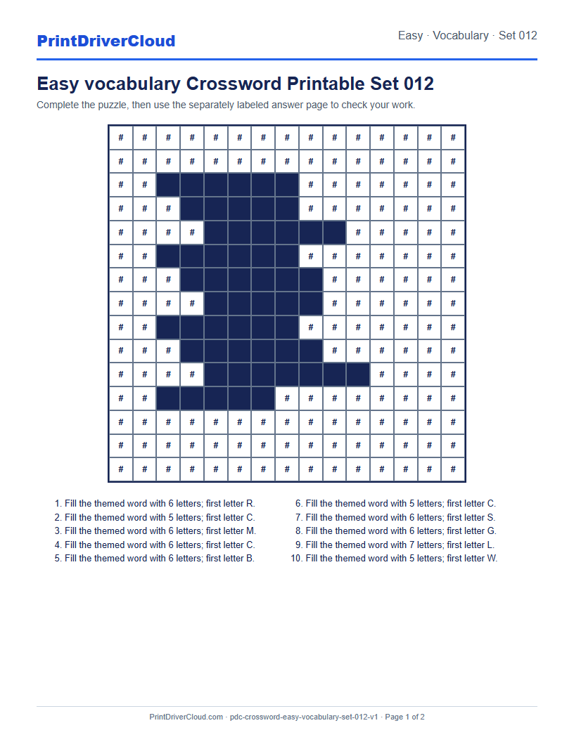Preview of Easy vocabulary Crossword Printable Set 012
