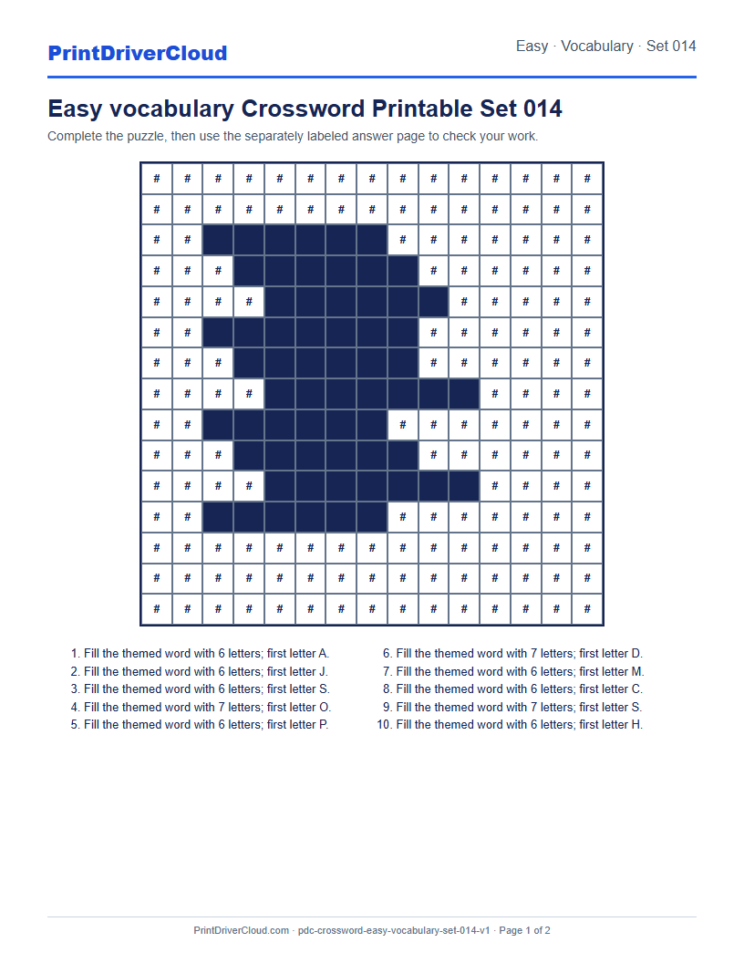 Preview of Easy vocabulary Crossword Printable Set 014