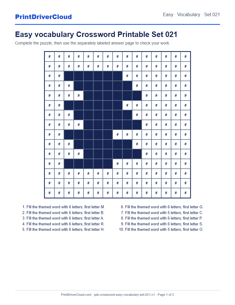 Preview of Easy vocabulary Crossword Printable Set 021