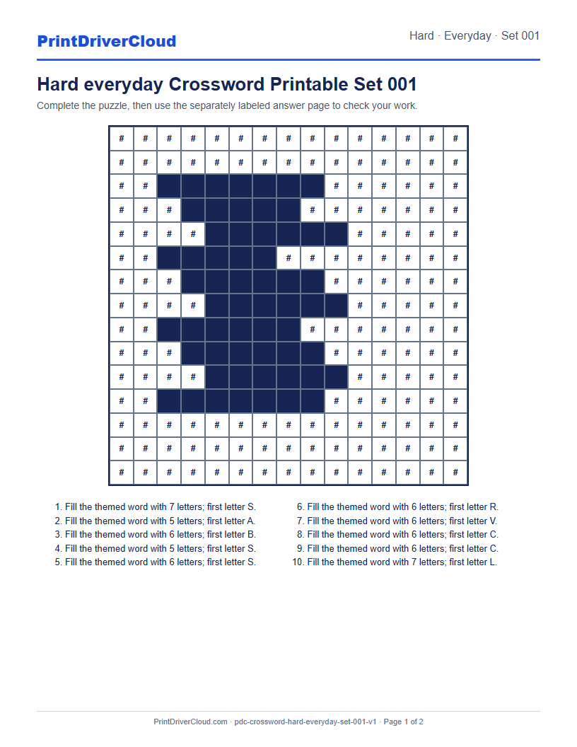 Preview of Hard everyday Crossword Printable Set 001