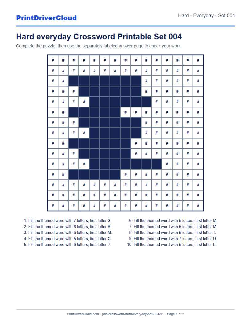 Preview of Hard everyday Crossword Printable Set 004