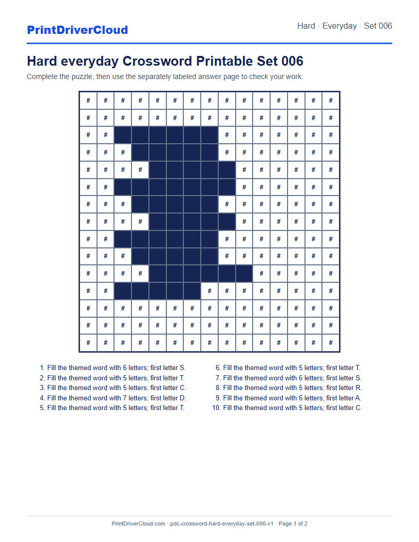 Preview of Hard everyday Crossword Printable Set 006