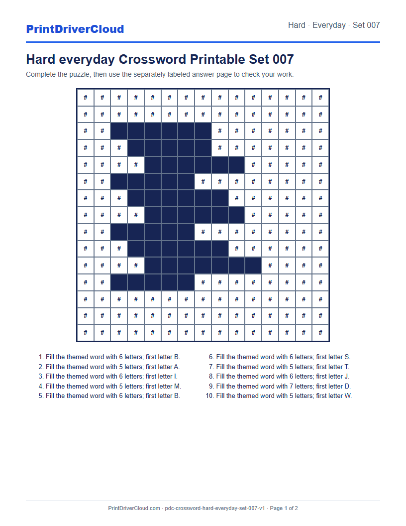 Preview of Hard everyday Crossword Printable Set 007