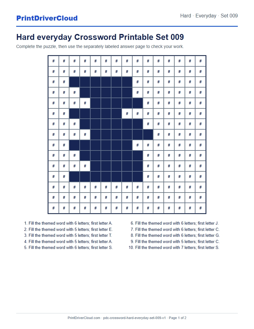 Preview of Hard everyday Crossword Printable Set 009