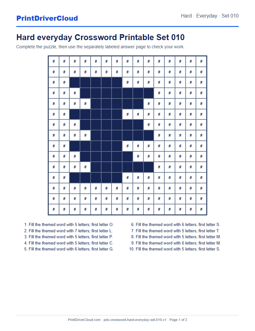 Preview of Hard everyday Crossword Printable Set 010