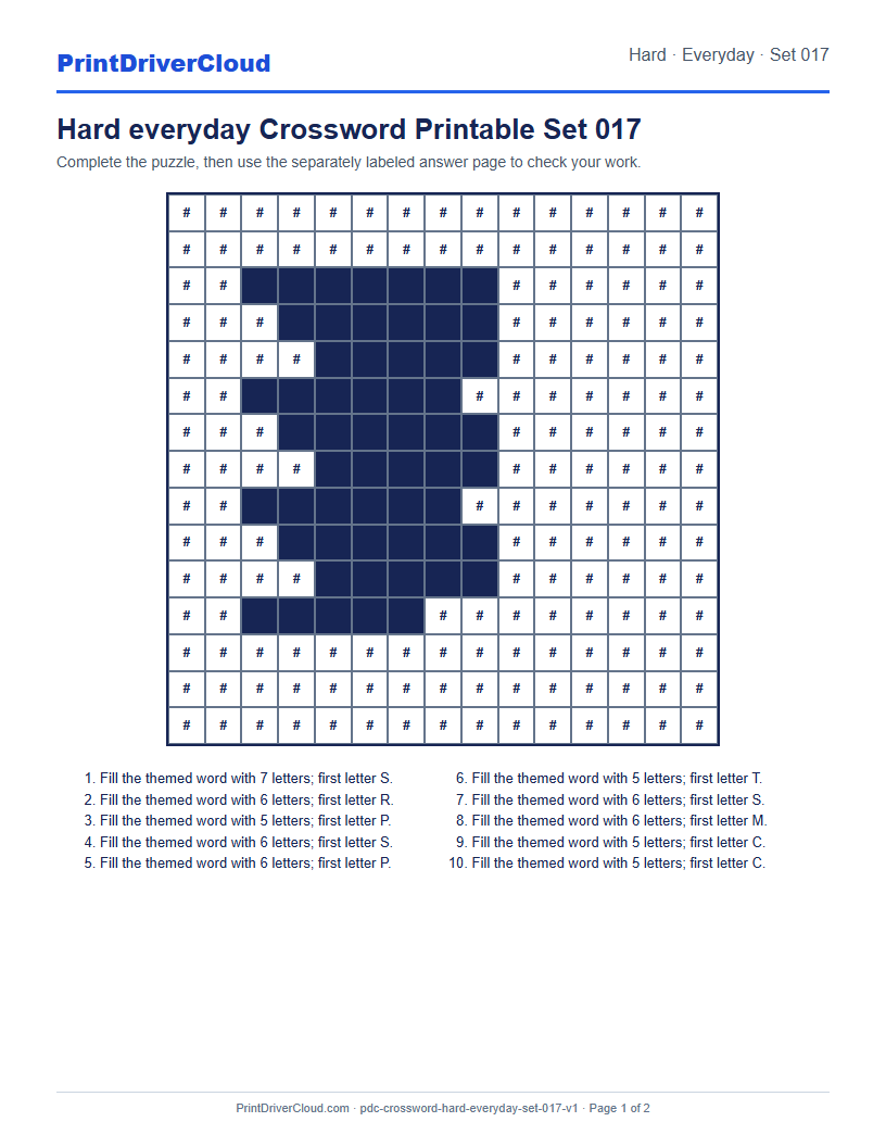 Preview of Hard everyday Crossword Printable Set 017