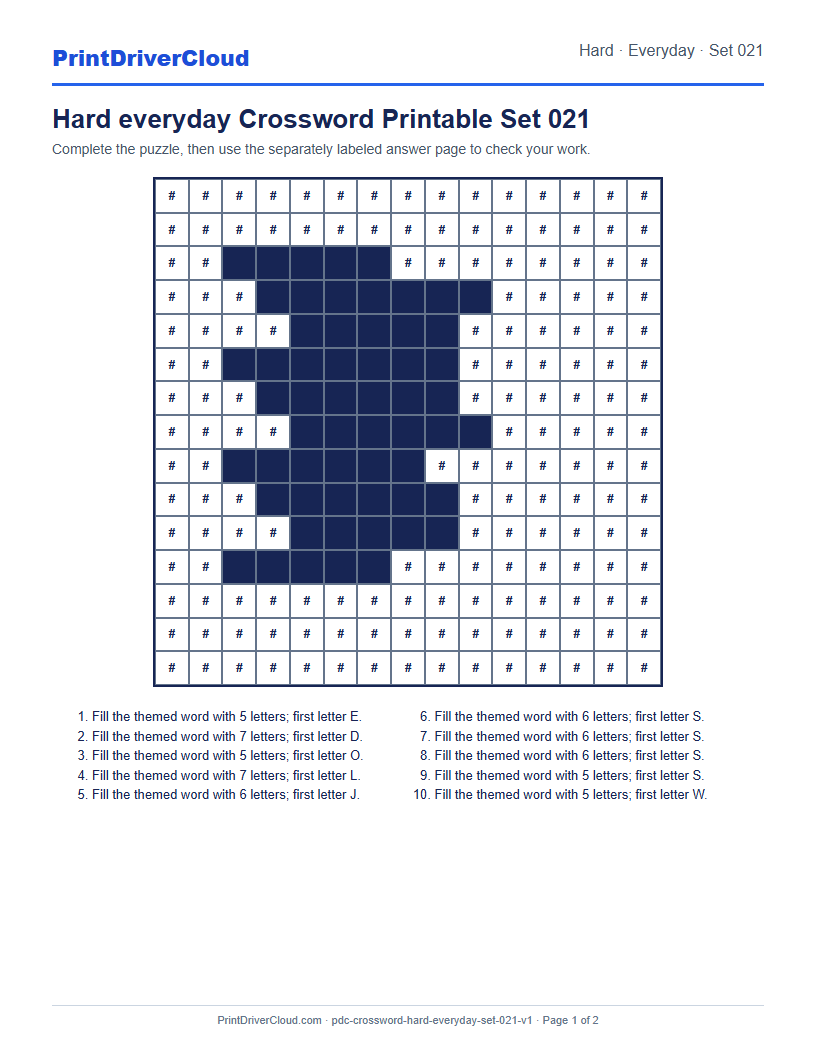 Preview of Hard everyday Crossword Printable Set 021