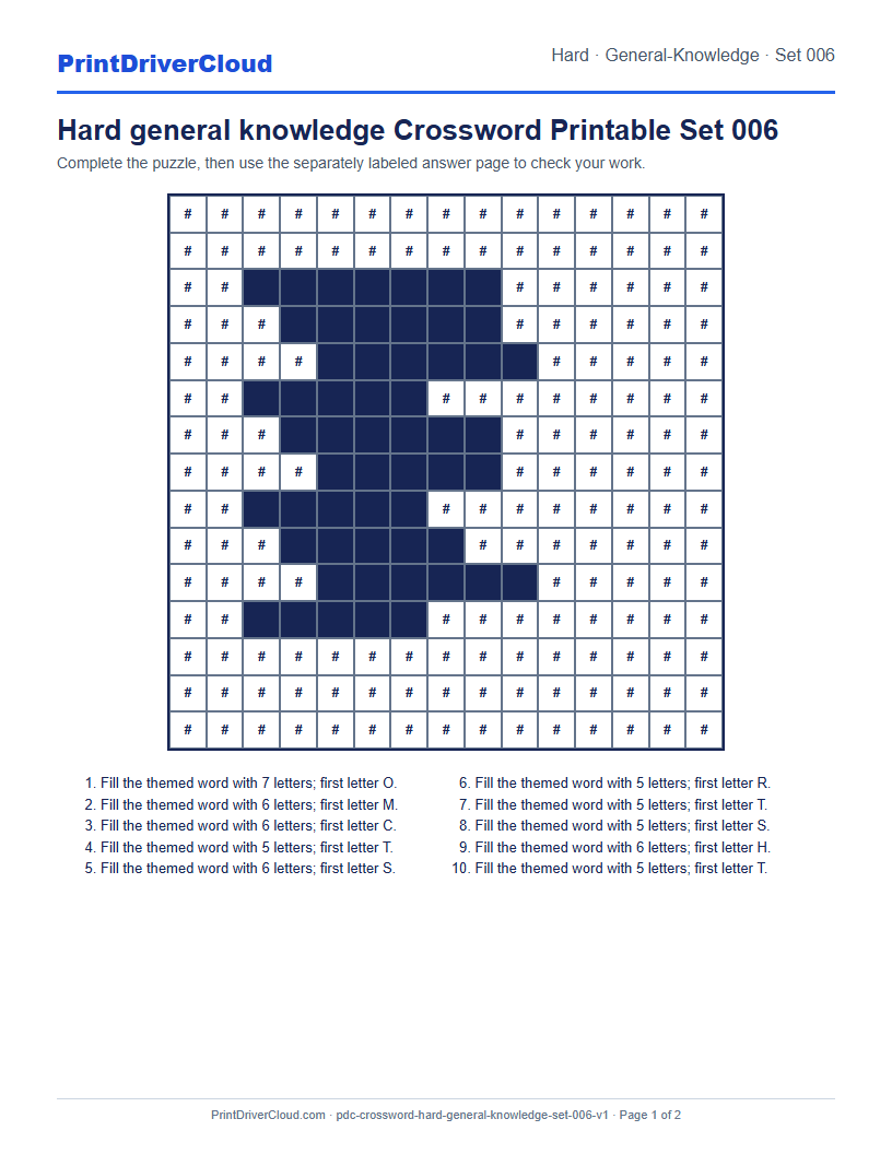 Preview of Hard general knowledge Crossword Printable Set 006