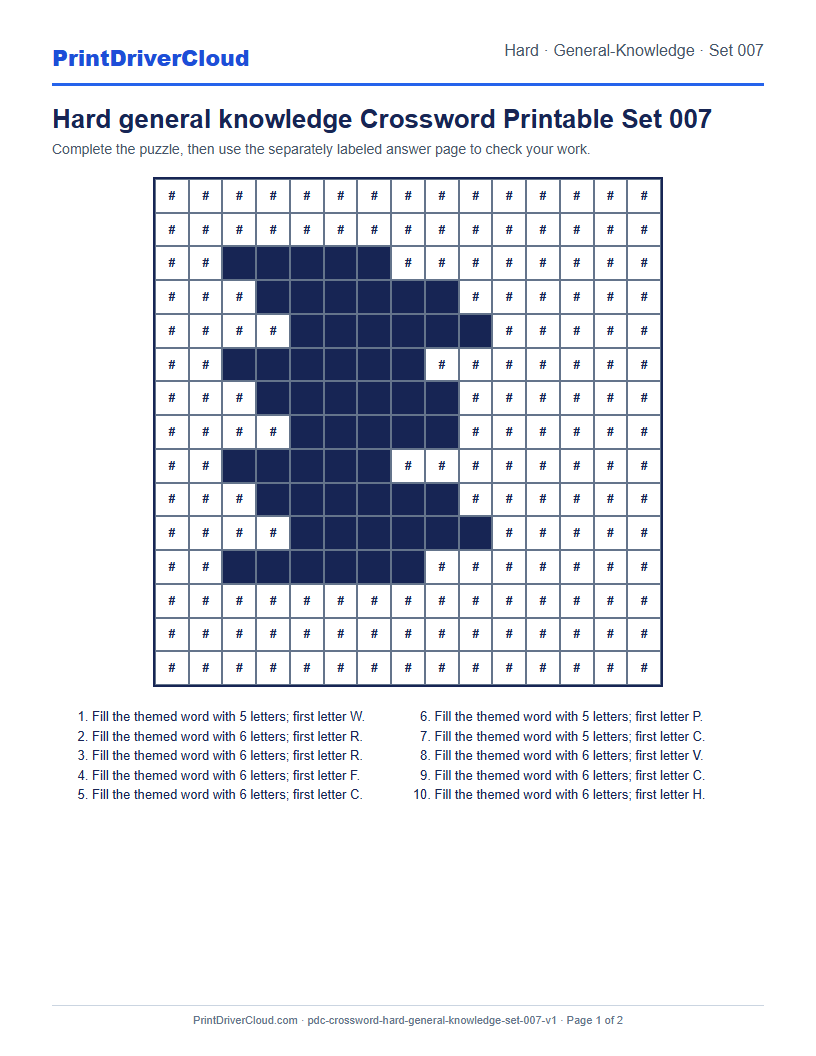 Preview of Hard general knowledge Crossword Printable Set 007