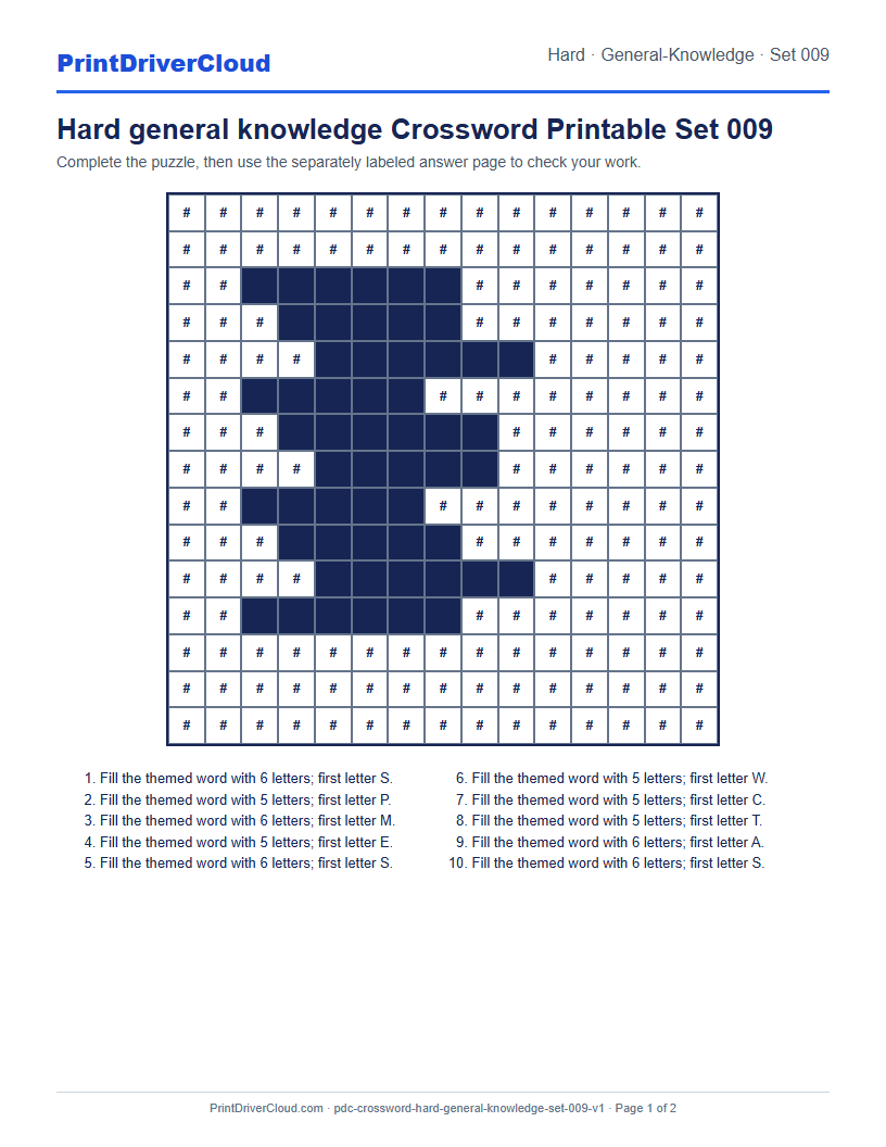 Preview of Hard general knowledge Crossword Printable Set 009
