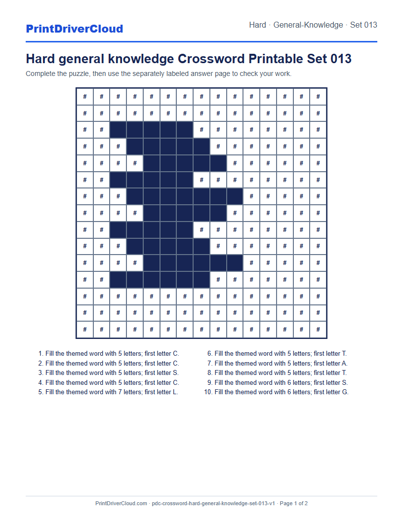 Preview of Hard general knowledge Crossword Printable Set 013