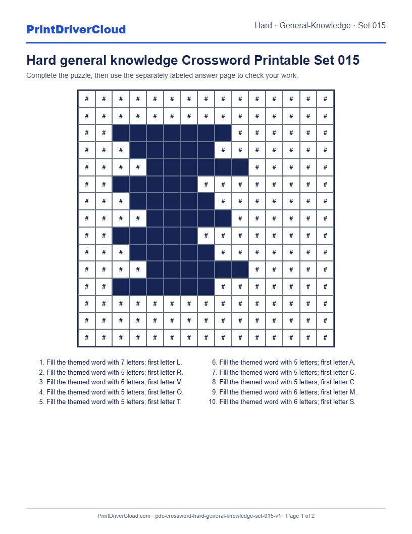 Preview of Hard general knowledge Crossword Printable Set 015