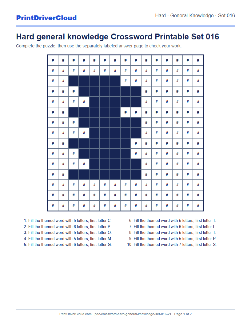 Preview of Hard general knowledge Crossword Printable Set 016