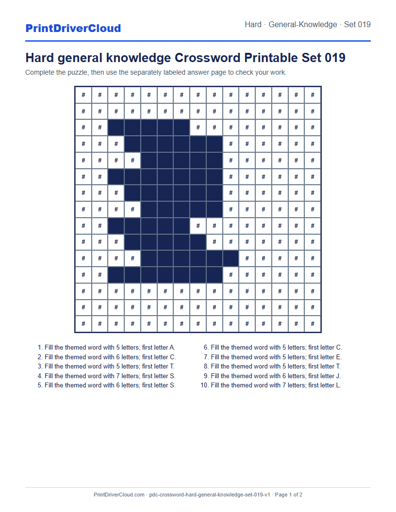 Preview of Hard general knowledge Crossword Printable Set 019